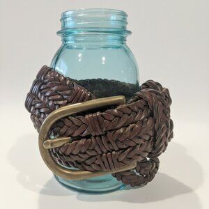 Vintage DKNY Braided Leather Belt Dark Brown Gold Buckle 38in/2in Wide